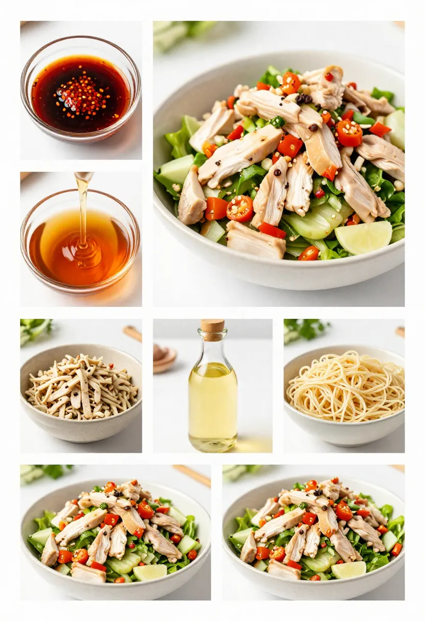 Chinese chicken salad variations with spice, sweetness, and noodles