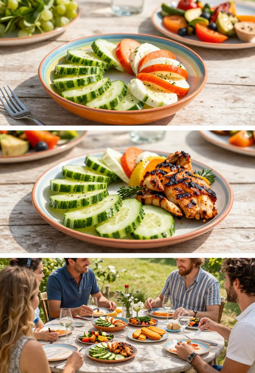 Cucumber Caprese salad served with grilled summer dishes