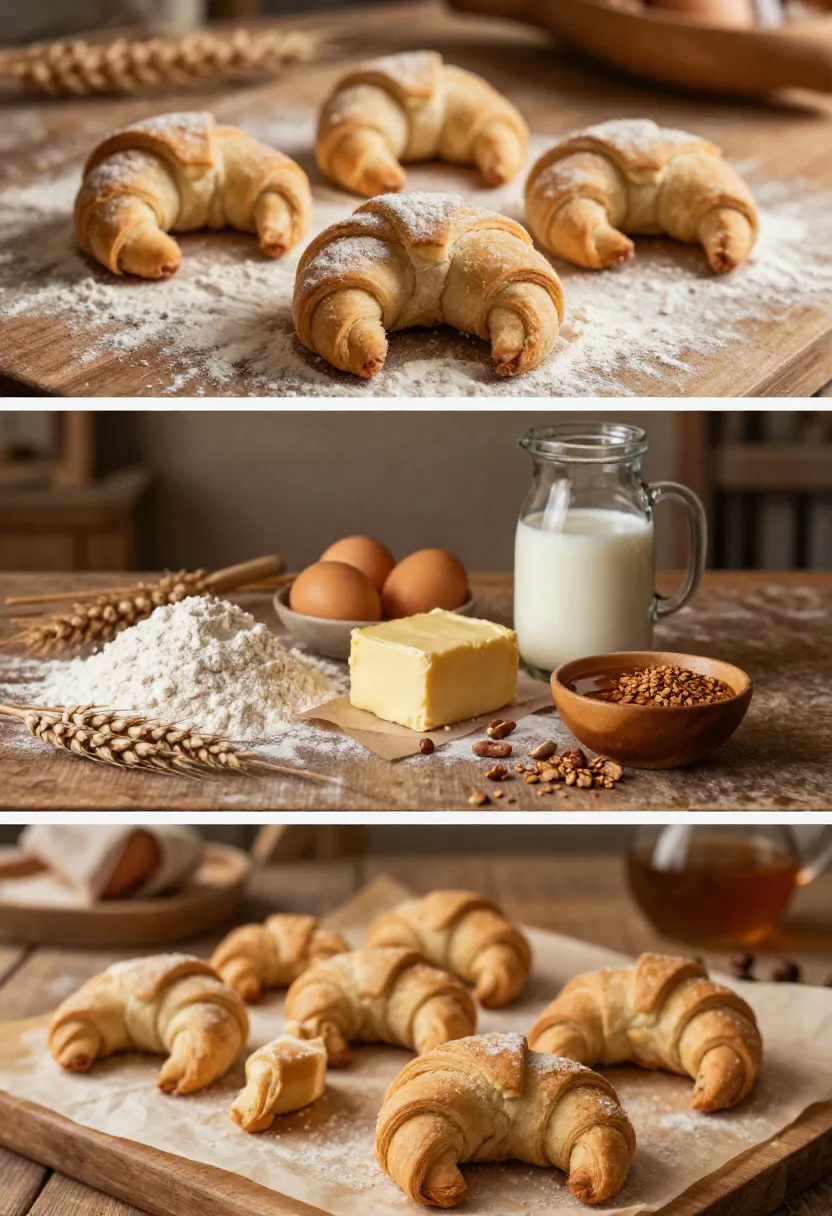 Collage showing traditional Austrian kipferl pastries and baking ingredients.