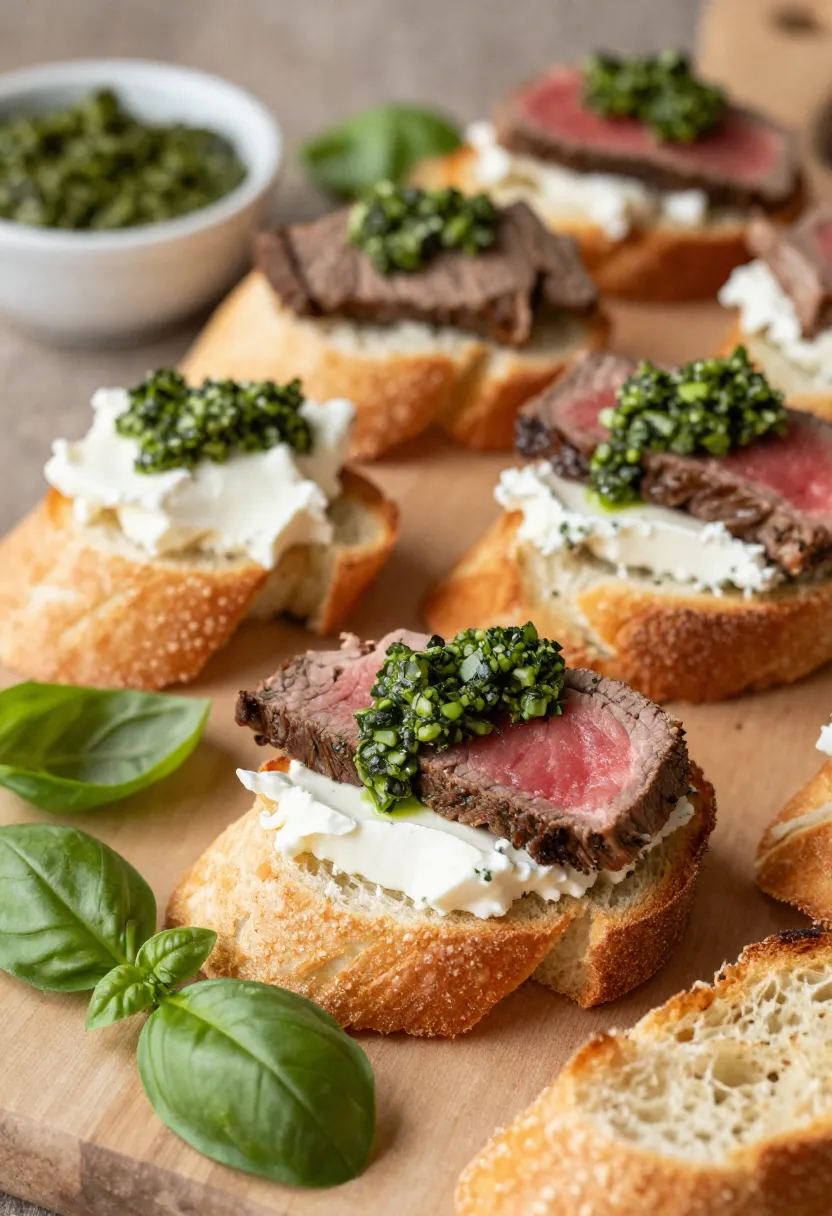 Beef crostini with goat cheese and basil pesto close-up