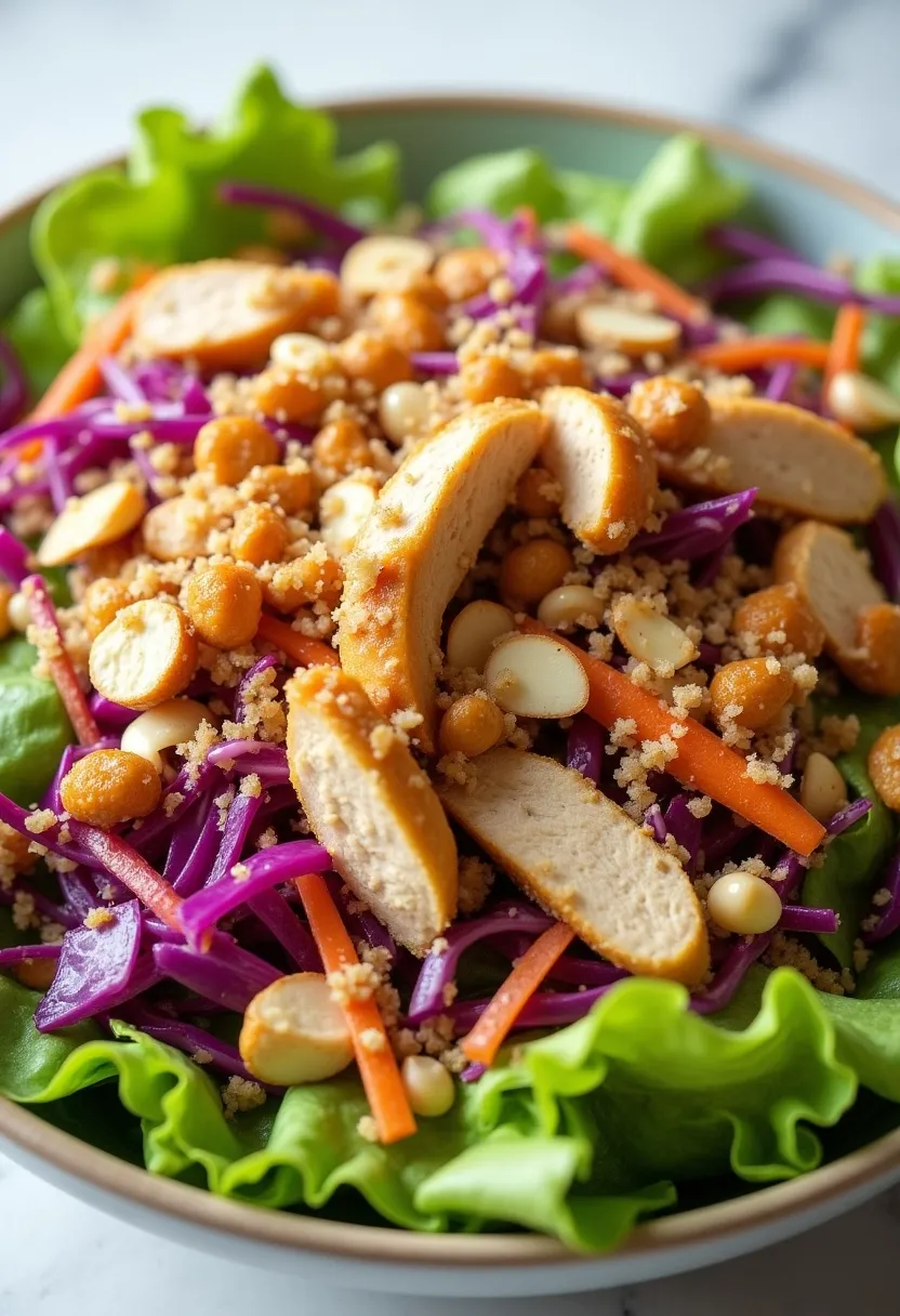 Collage of fresh chicken salad textures with greens, chicken, and crunchy toppings