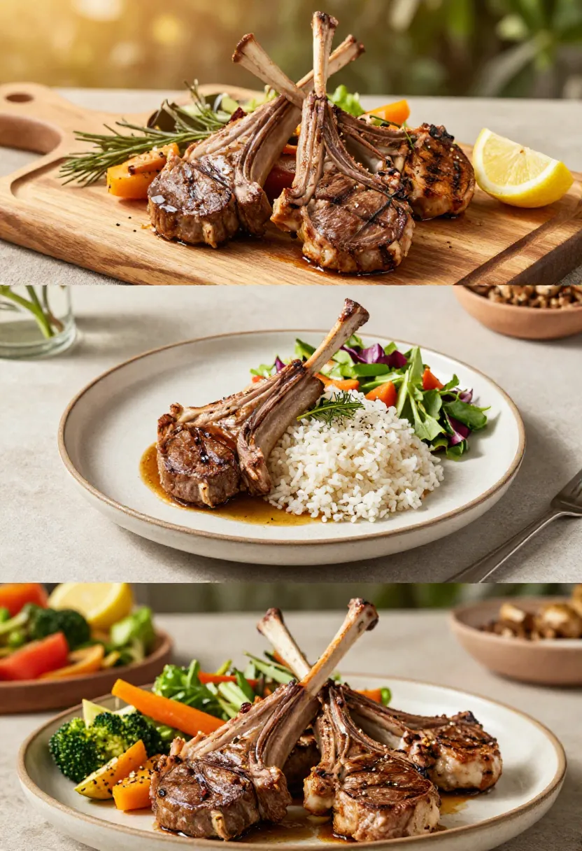 Collage of grilled lamb chops served in different plating styles