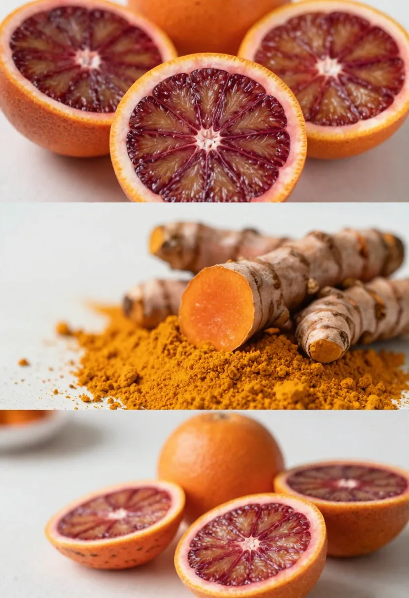 Collage of blood oranges and turmeric showing contrasting colors and textures