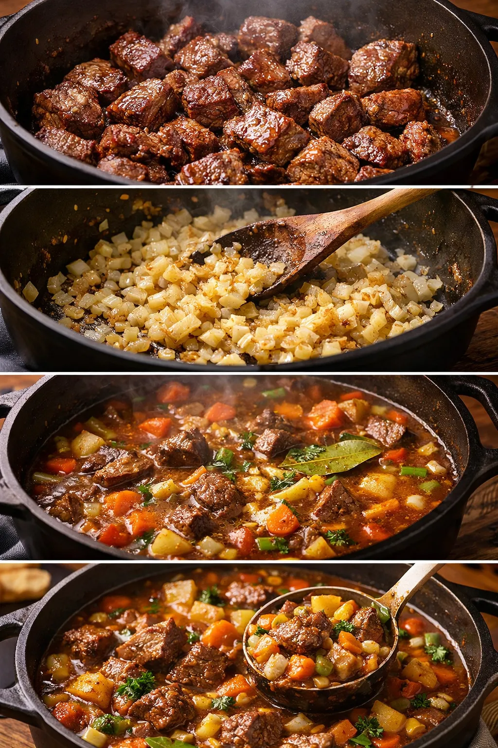 Beef stew simmering with carrots and herbs in rich broth.
