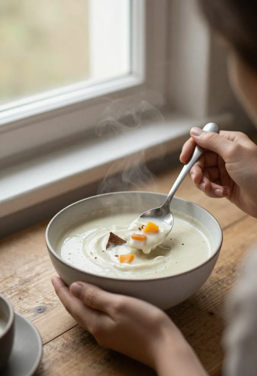 Person enjoying a bowl of creamy coconut parsnip soup in a cozy setting