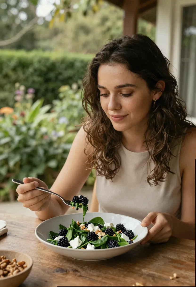Woman enjoying spinach berry salad outdoors on a veranda