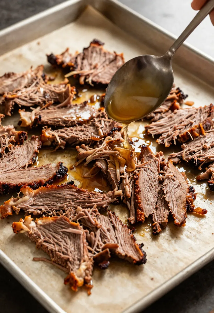 Shredded corned beef on baking sheet before broiling