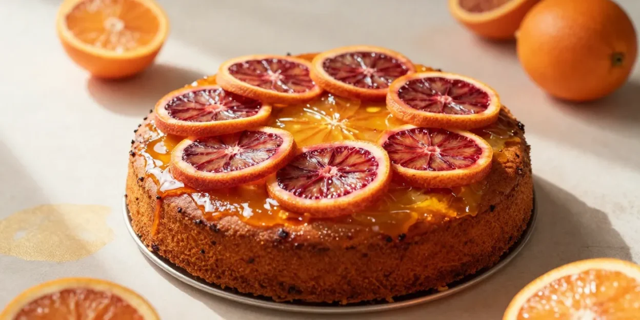 Blood orange upside-down cake in a bright artistic setting with warm tones