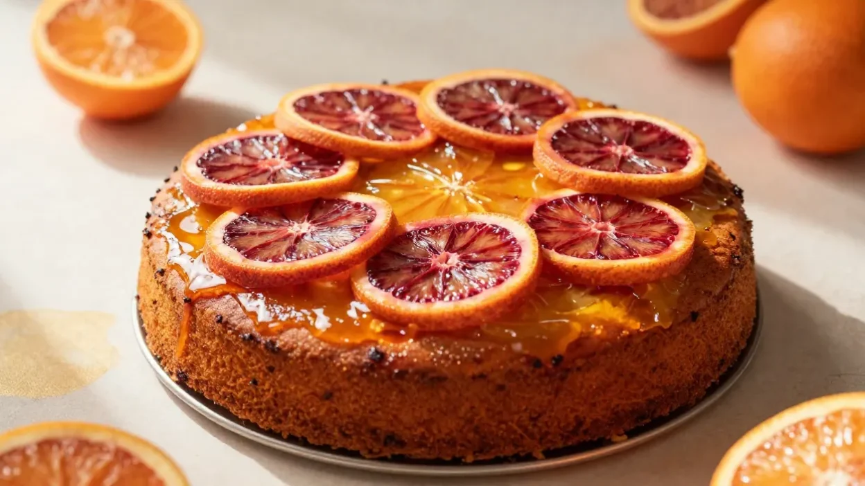 Blood orange upside-down cake in a bright artistic setting with warm tones
