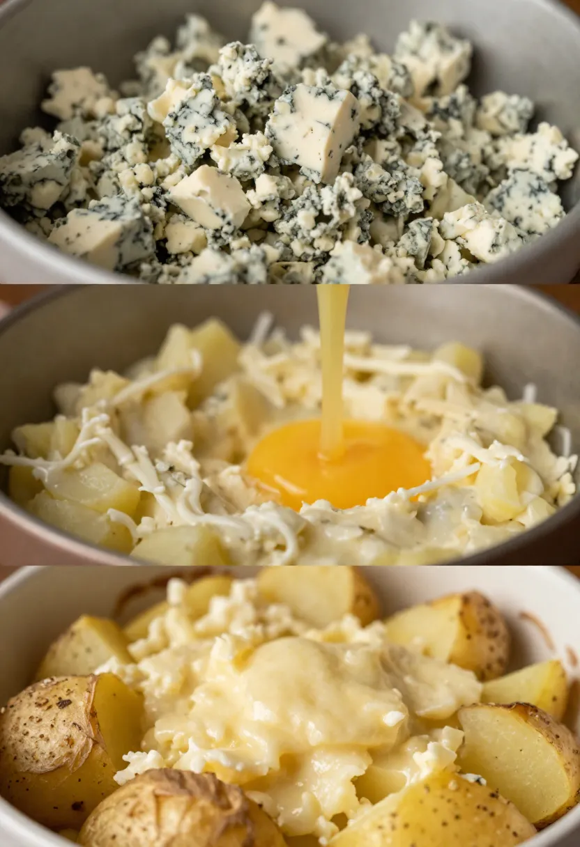 Collage of blue cheese, potato filling, and baked potatoes