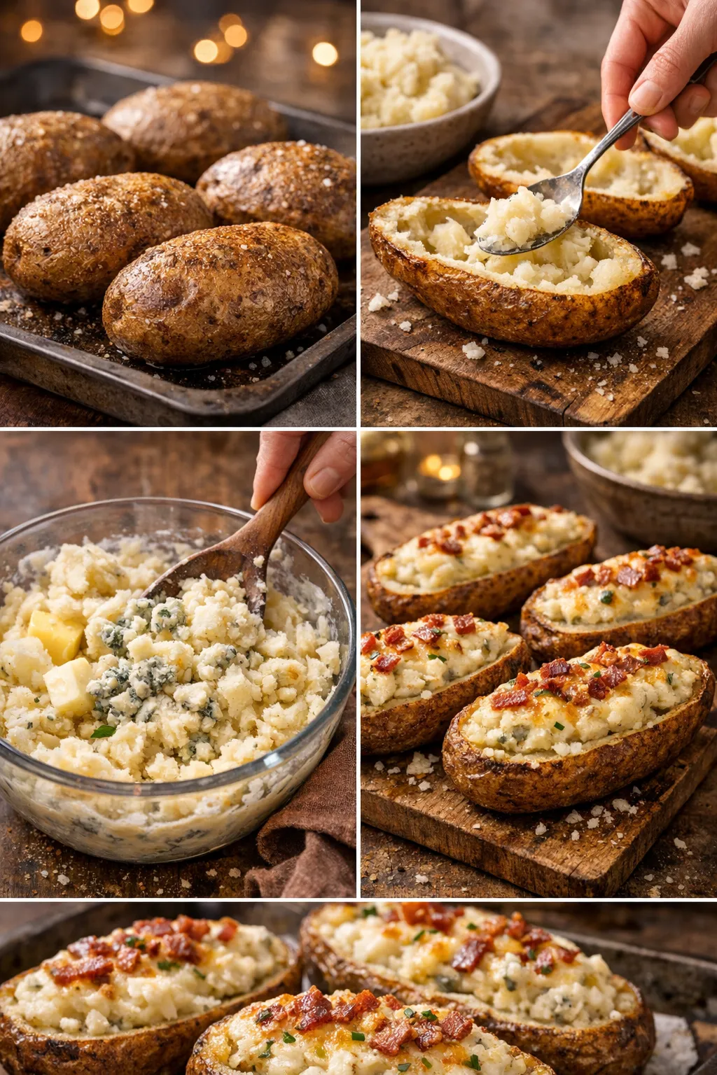 Step-by-step collage of making blue cheese twice-baked potatoes