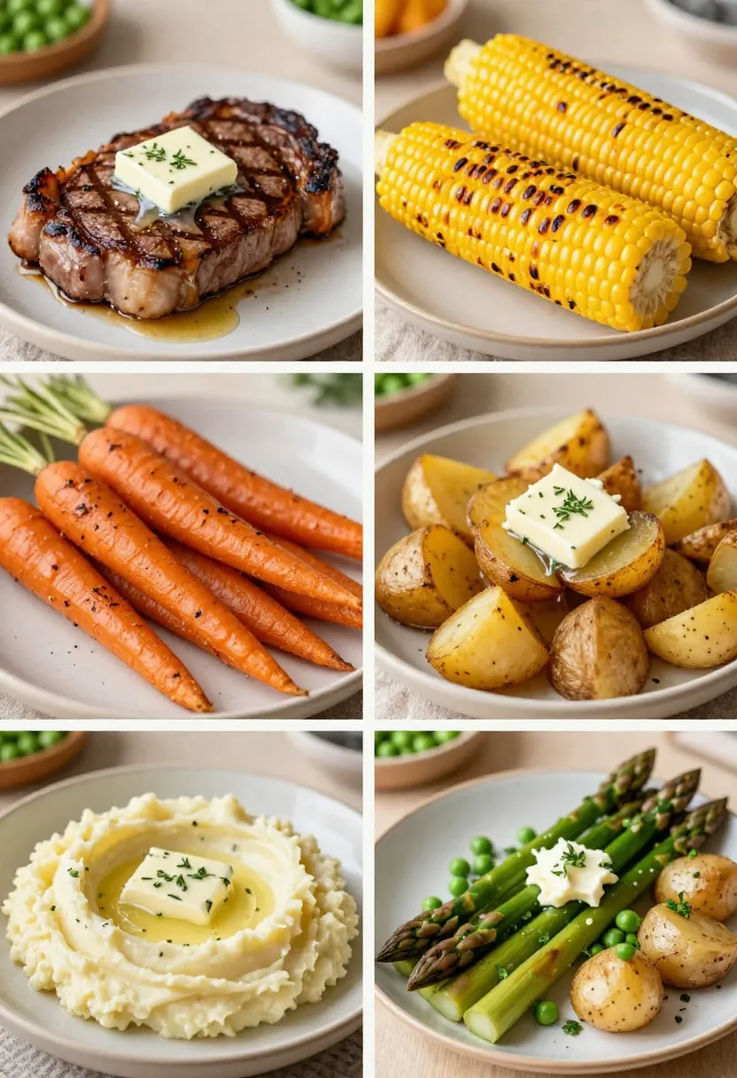 Seasonal collage showing garlic herb butter on grilled steak, roasted vegetables, mashed potatoes, and spring asparagus.