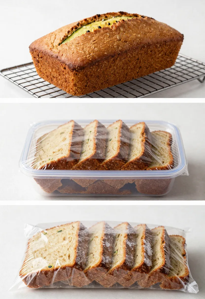 Zucchini bread cooling storing and freezing collage