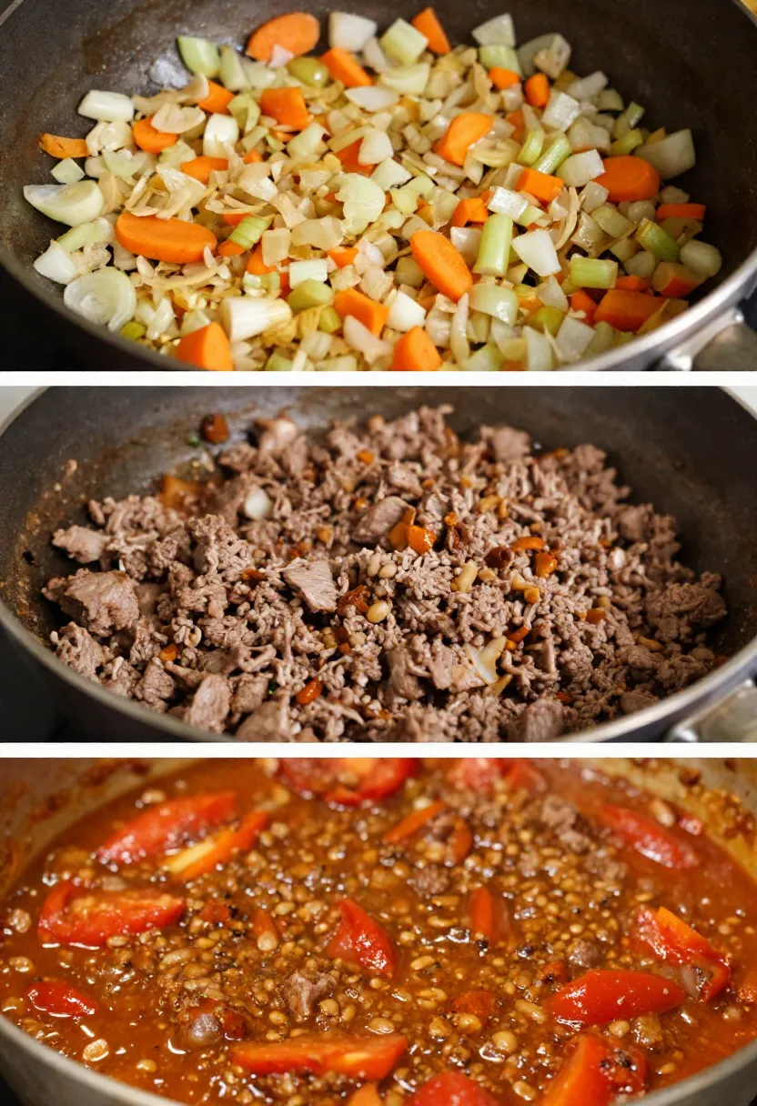Cooking steps for shepherd’s pie filling with vegetables and meat