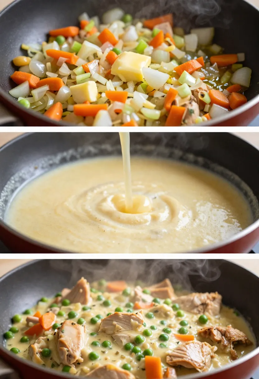 Collage showing sautéed vegetables, creamy roux, and finished chicken pot pie filling.