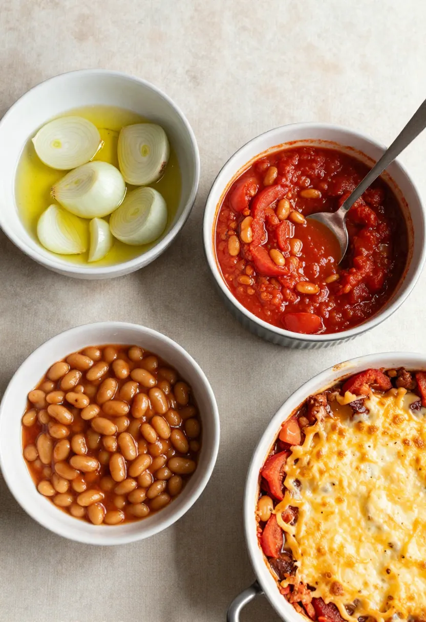 Step-by-step cheesy white bean bake with tomato sauce and melted cheese