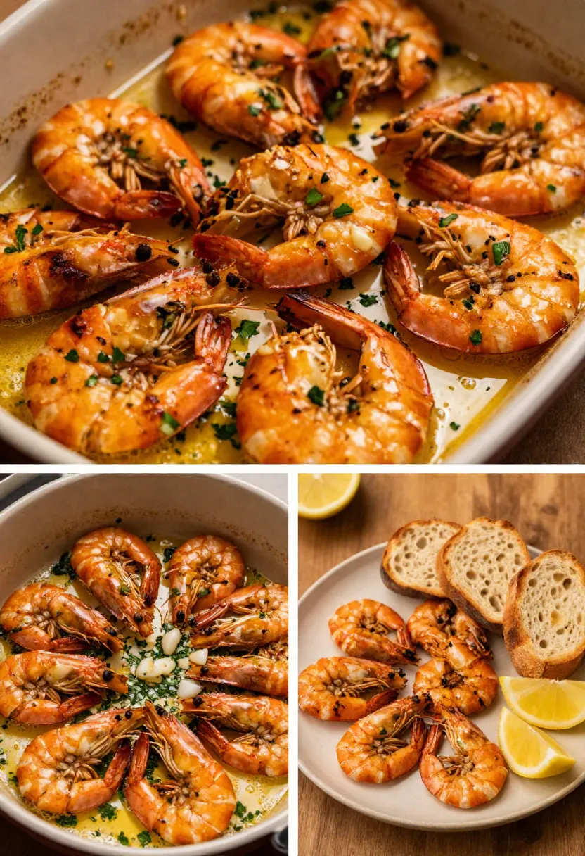 Butter-roasted shrimp with garlic, herbs, and crusty bread.