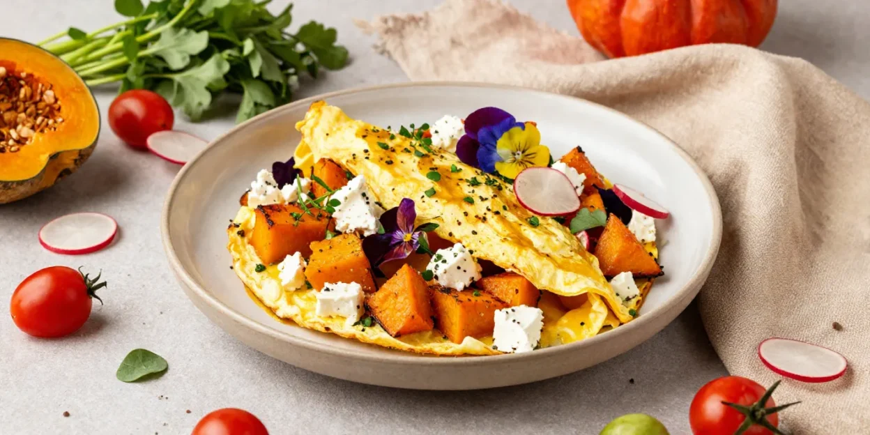 Caramelised pumpkin and feta omelette in a bright, styled setting