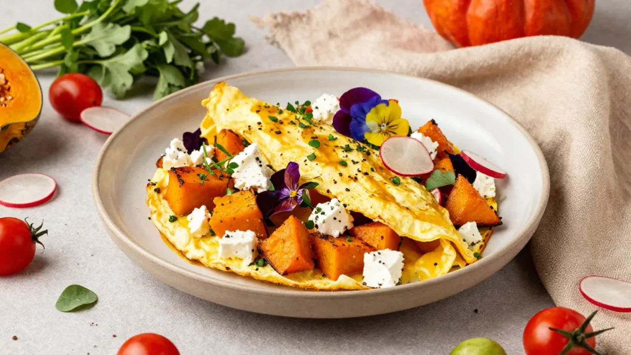 Caramelised pumpkin and feta omelette in a bright, styled setting