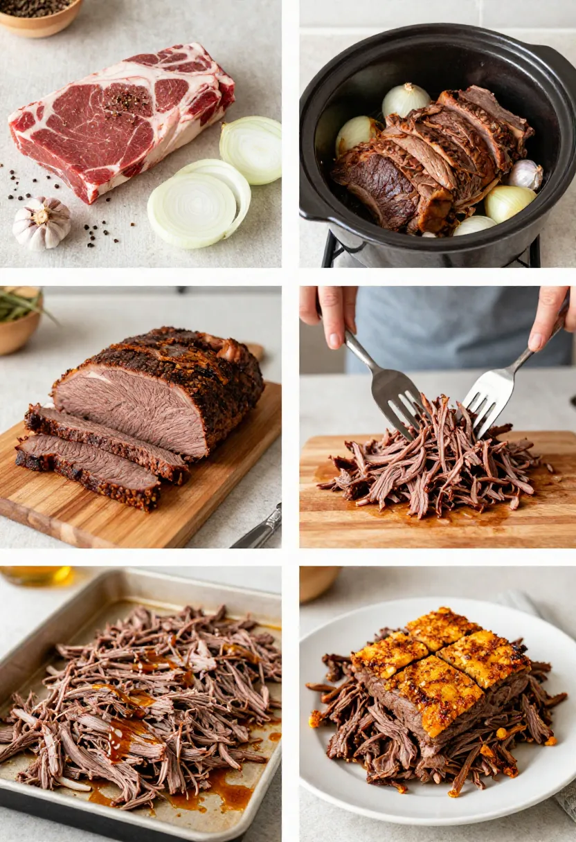 Step-by-step collage of carnitas-style corned beef cooking process