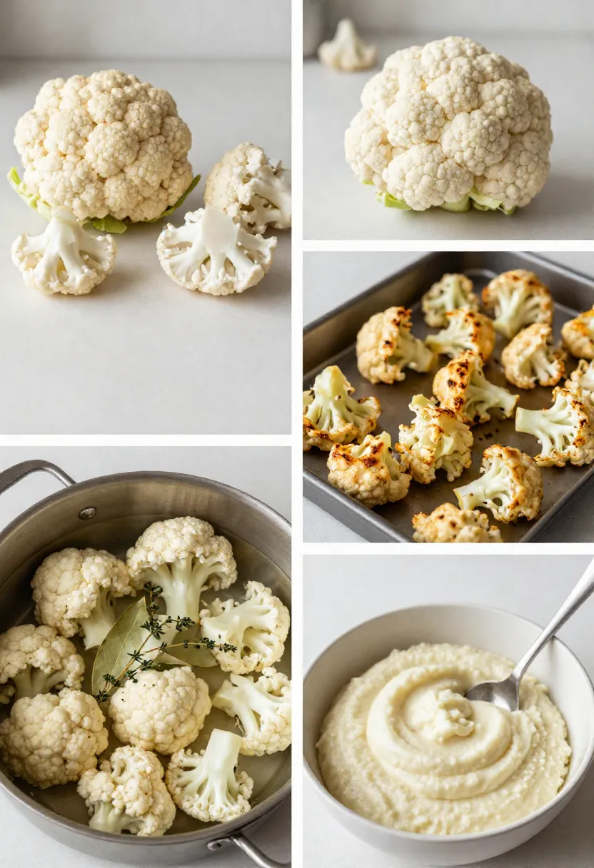 Collage showing fresh, roasted and pureed cauliflower stages