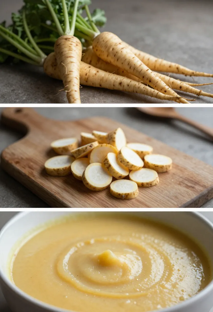 Collage of parsnips from raw root to creamy blended soup in warm natural light