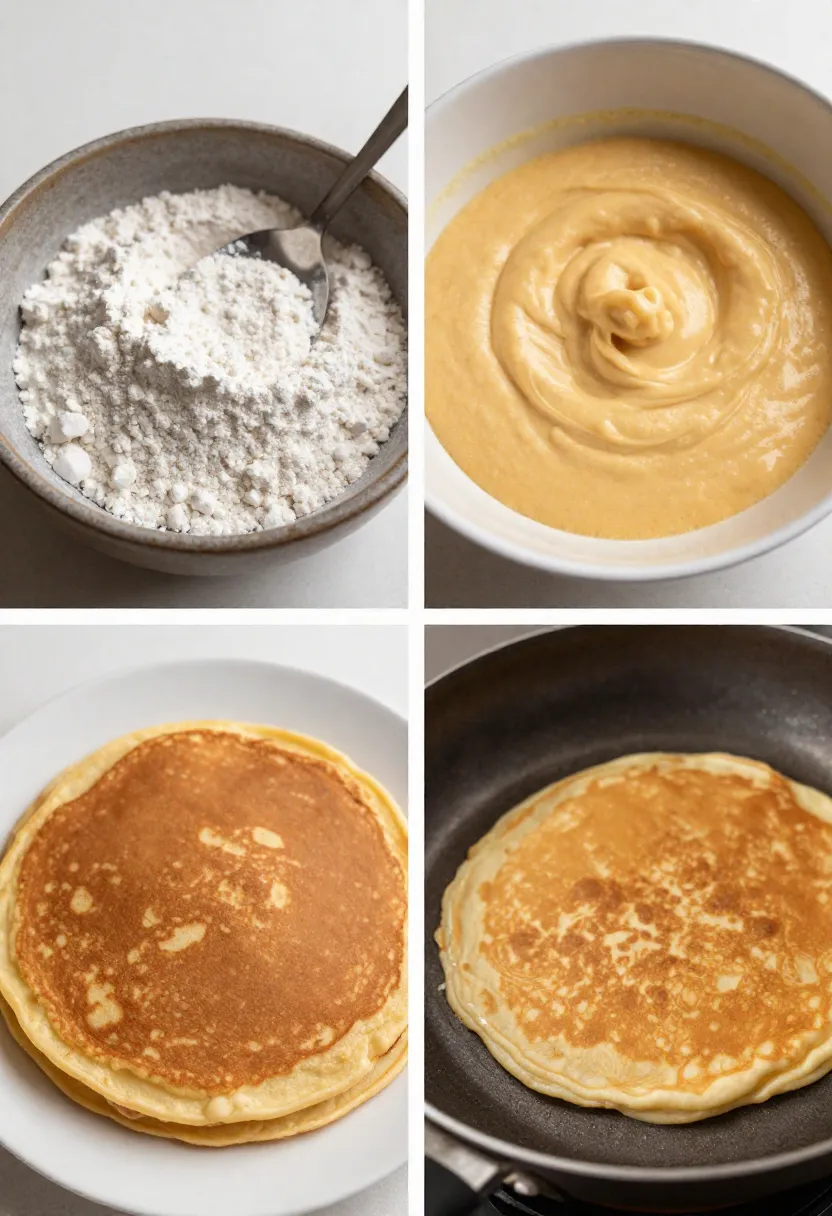 Collage of chestnut flour, batter, and thin pancakes cooking