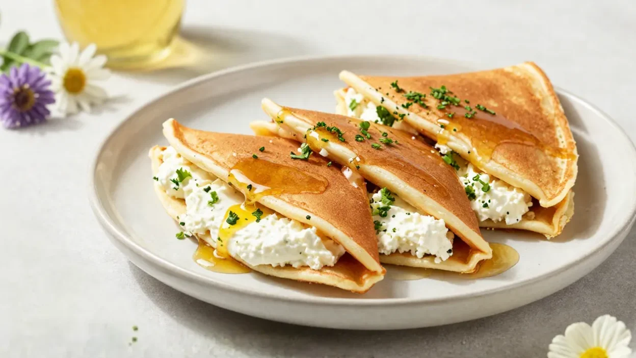 Chestnut pancakes with ricotta and lemon in a bright floral setting