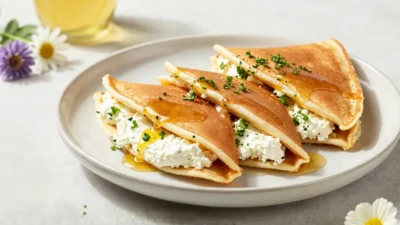 Chestnut pancakes with ricotta and lemon in a bright floral setting