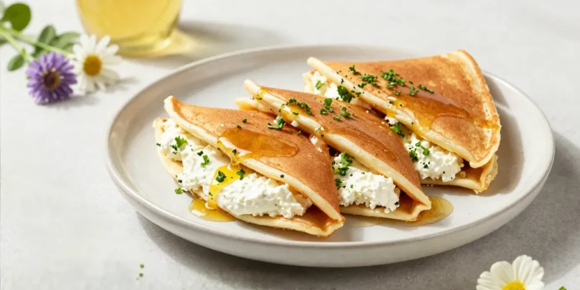 Chestnut pancakes with ricotta and lemon in a bright floral setting