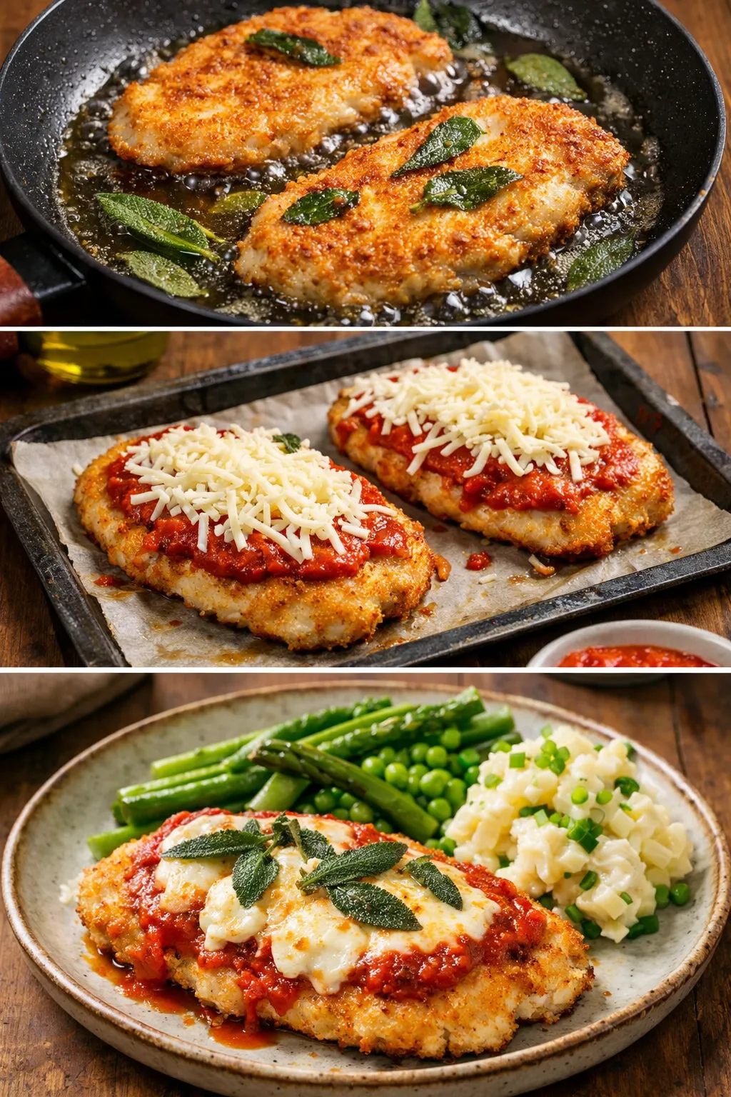 Step-by-step chicken parmigiana cooking process collage