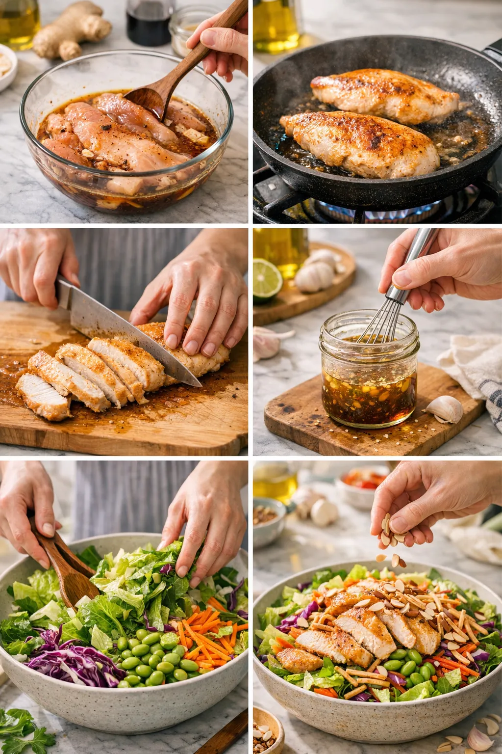Step-by-step collage of making Chinese chicken salad with chicken, veggies, and dressing