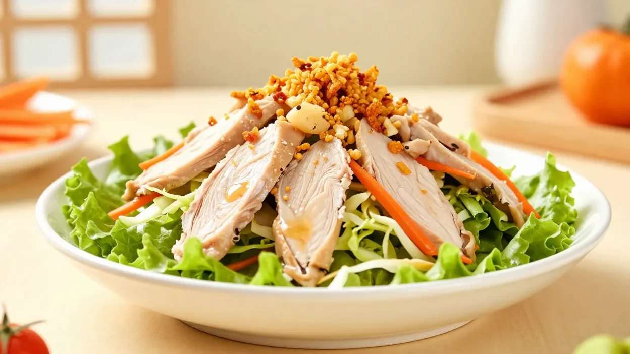 Fresh Chinese chicken salad in a bright, festive setting with colorful ingredients