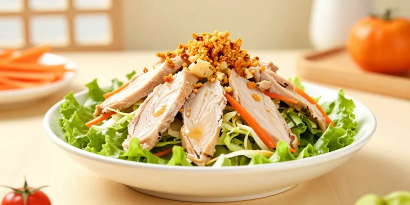 Fresh Chinese chicken salad in a bright, festive setting with colorful ingredients