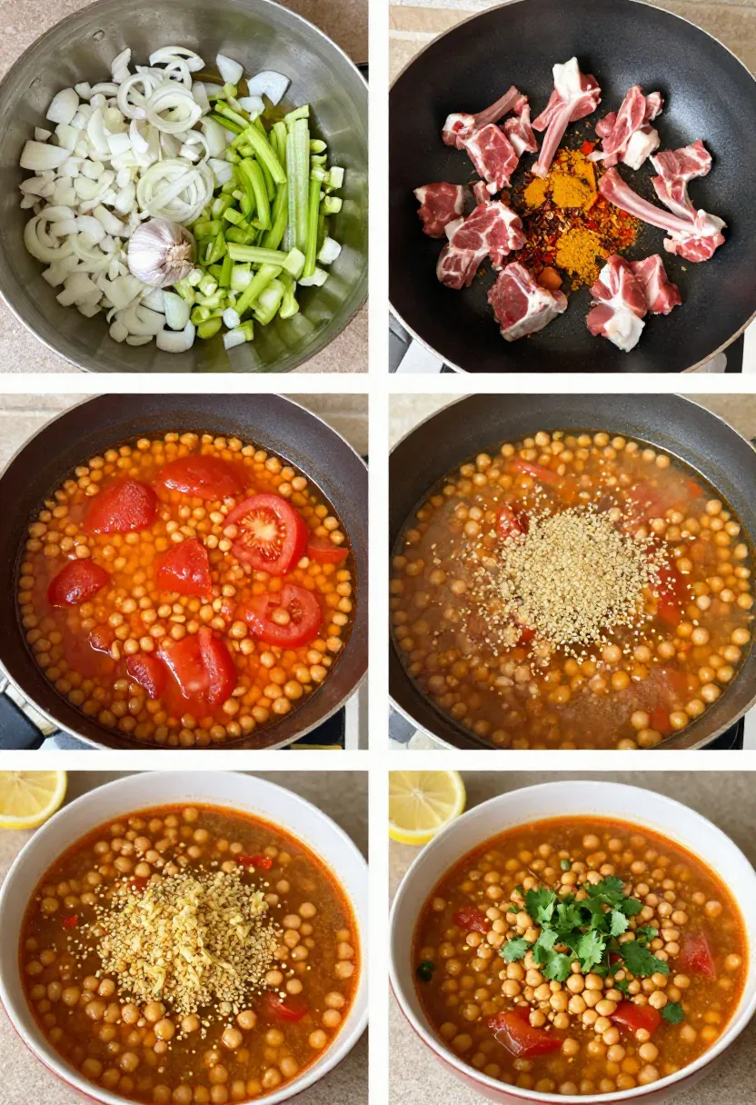 Chorba Frik soup cooking process collage with key preparation steps