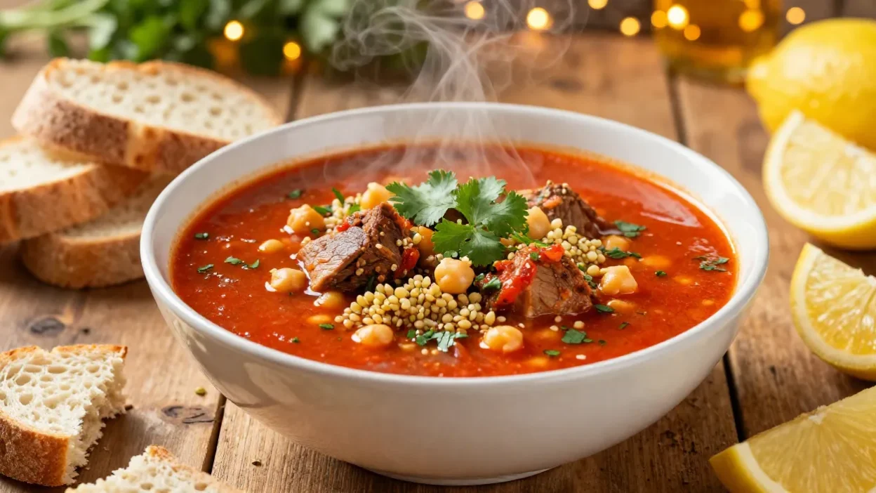 Bowl of Chorba Frik soup with freekeh, chickpeas, and herbs