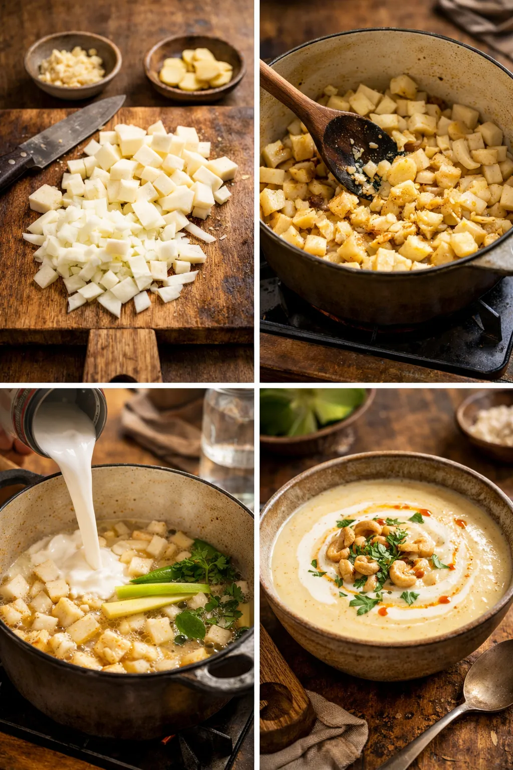 Step by step collage of coconut parsnip soup cooking process from chopping to creamy soup