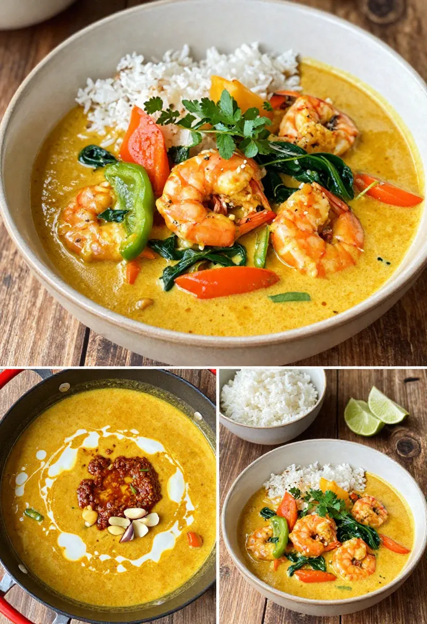 Coconut shrimp curry with vegetables served over rice.