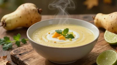 Creamy coconut parsnip soup in a cozy outdoor autumn setting with soft natural light