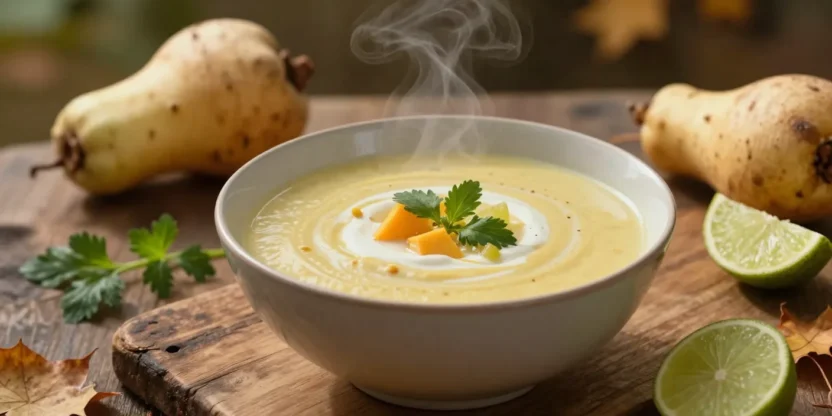 Creamy coconut parsnip soup in a cozy outdoor autumn setting with soft natural light