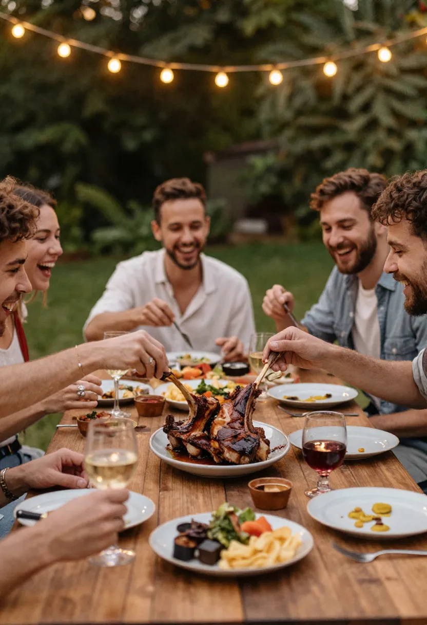 Friends enjoying grilled lamb chops together in a cozy backyard setting