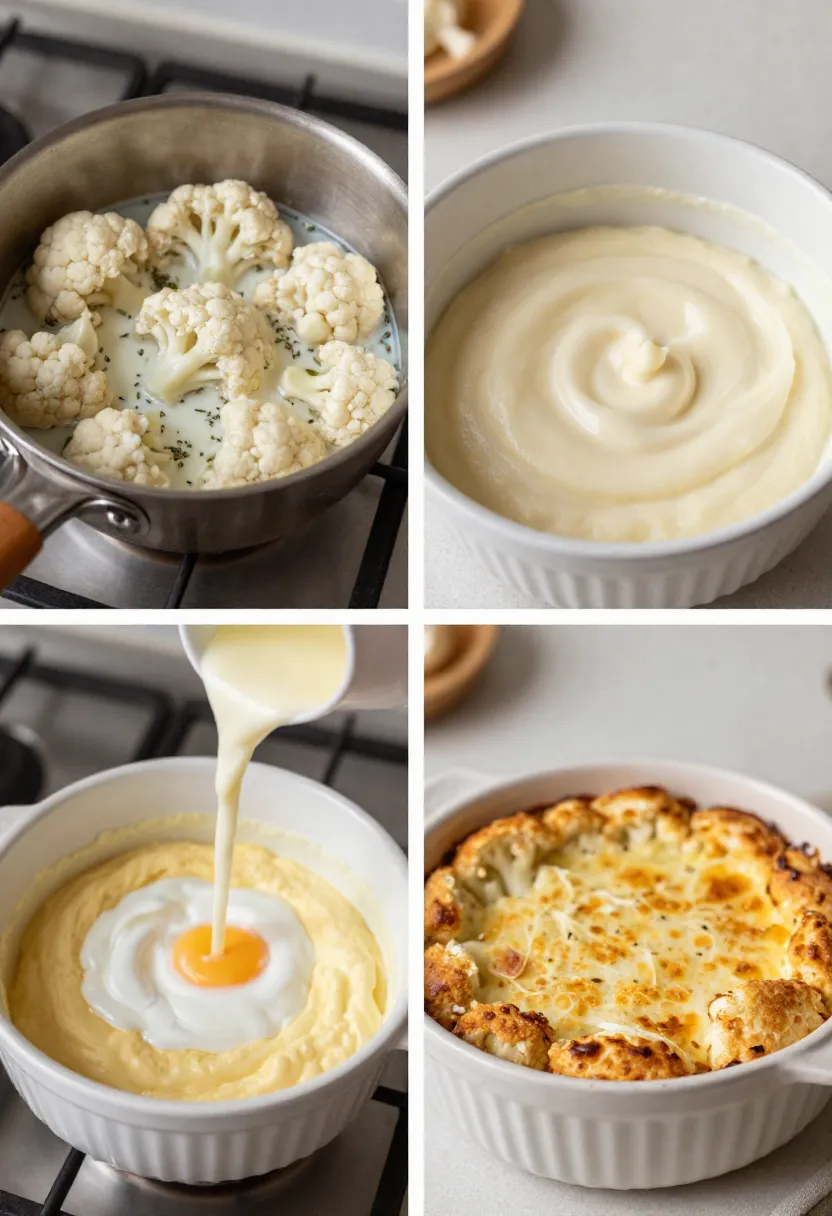 Collage of cauliflower soufflé cooking process and golden baked dish