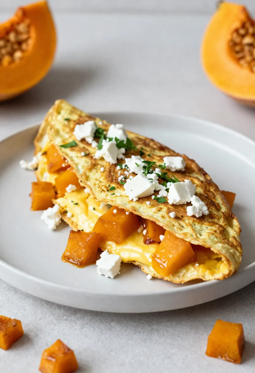 Close-up of pumpkin and feta omelette showing texture contrast