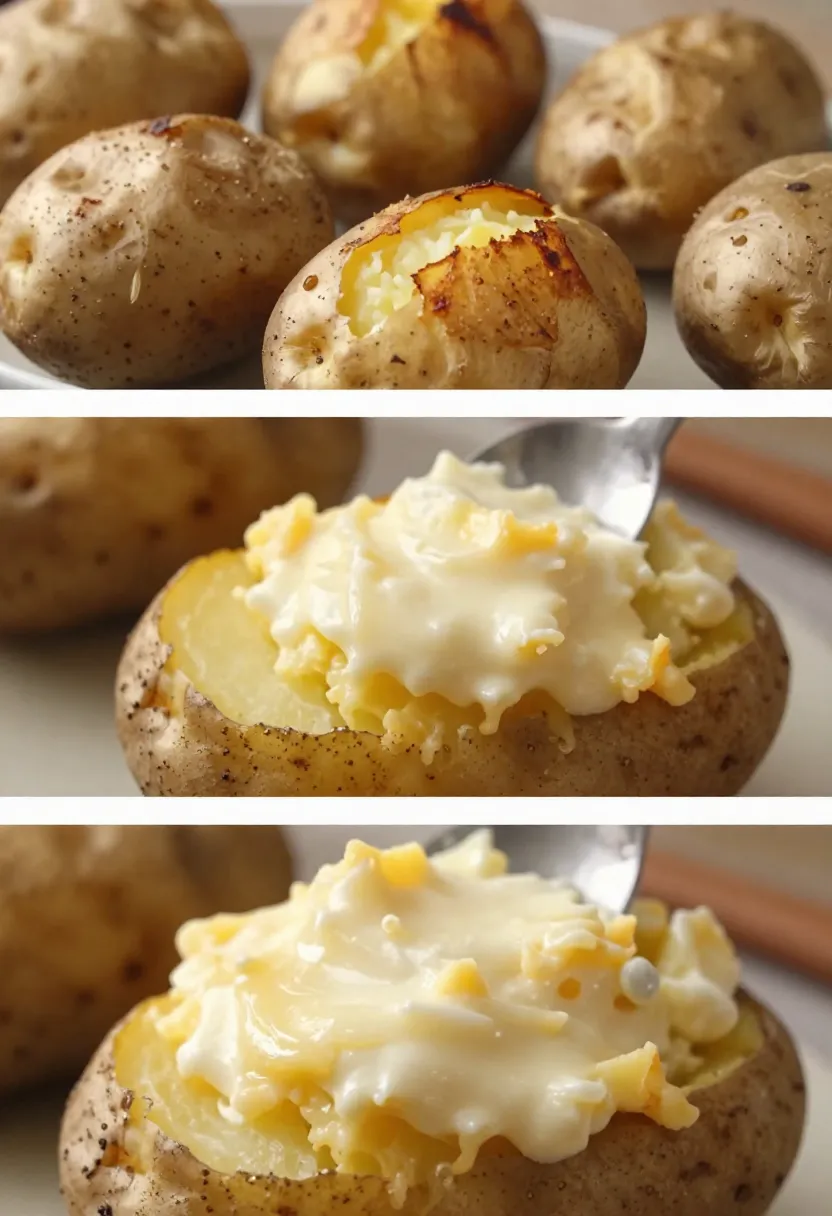 Creamy potato filling with blue cheese being added to baked potatoes