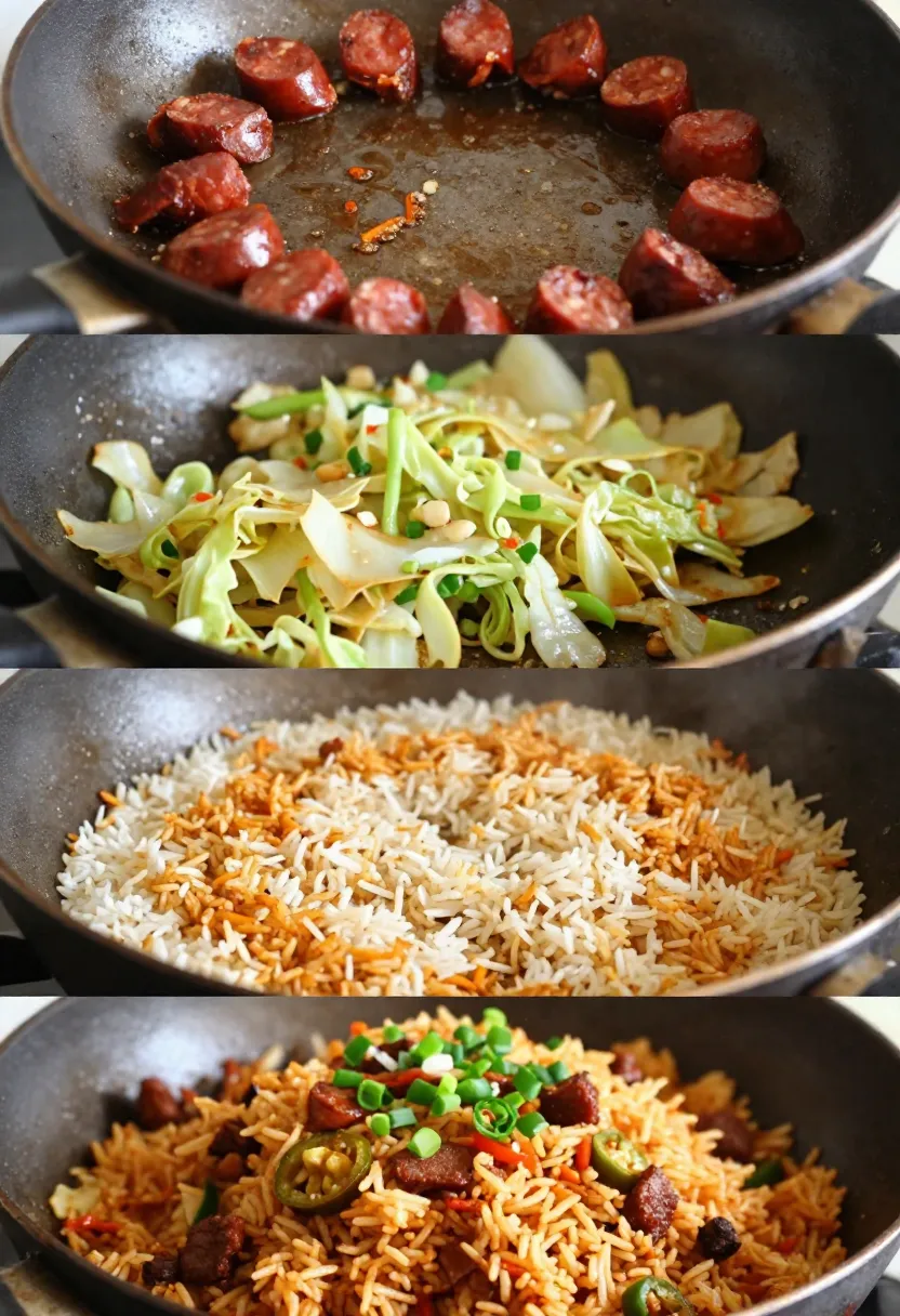 Collage of Mexican fried rice cooking process from chorizo to finished dish
