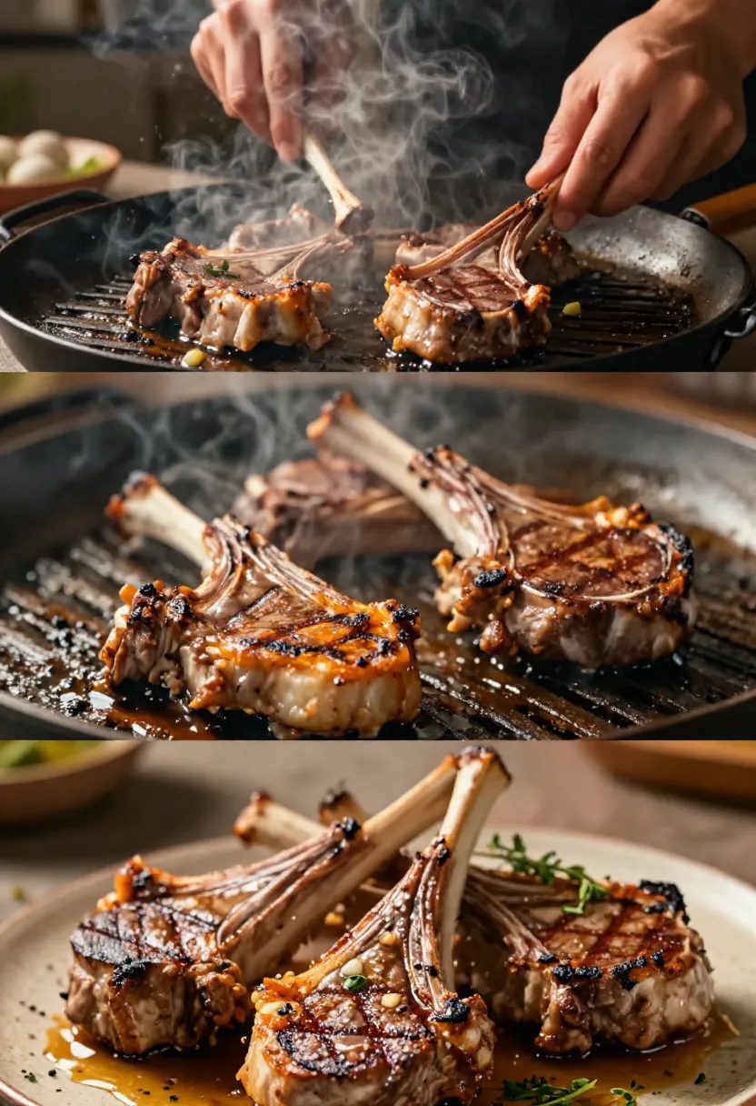 Three-step collage of lamb chops from raw to fully grilled and ready to serve