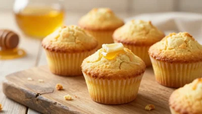 Golden cornbread muffins with butter and honey in warm natural light