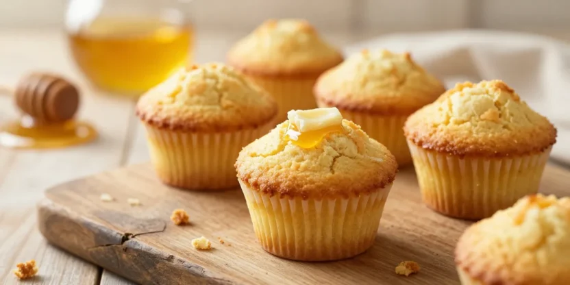 Golden cornbread muffins with butter and honey in warm natural light
