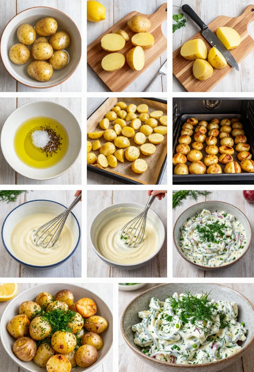 Step-by-step collage of roasted potato and dill salad preparation