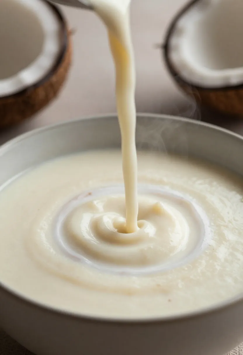 Creamy coconut parsnip soup with smooth texture and coconut milk swirl in soft light